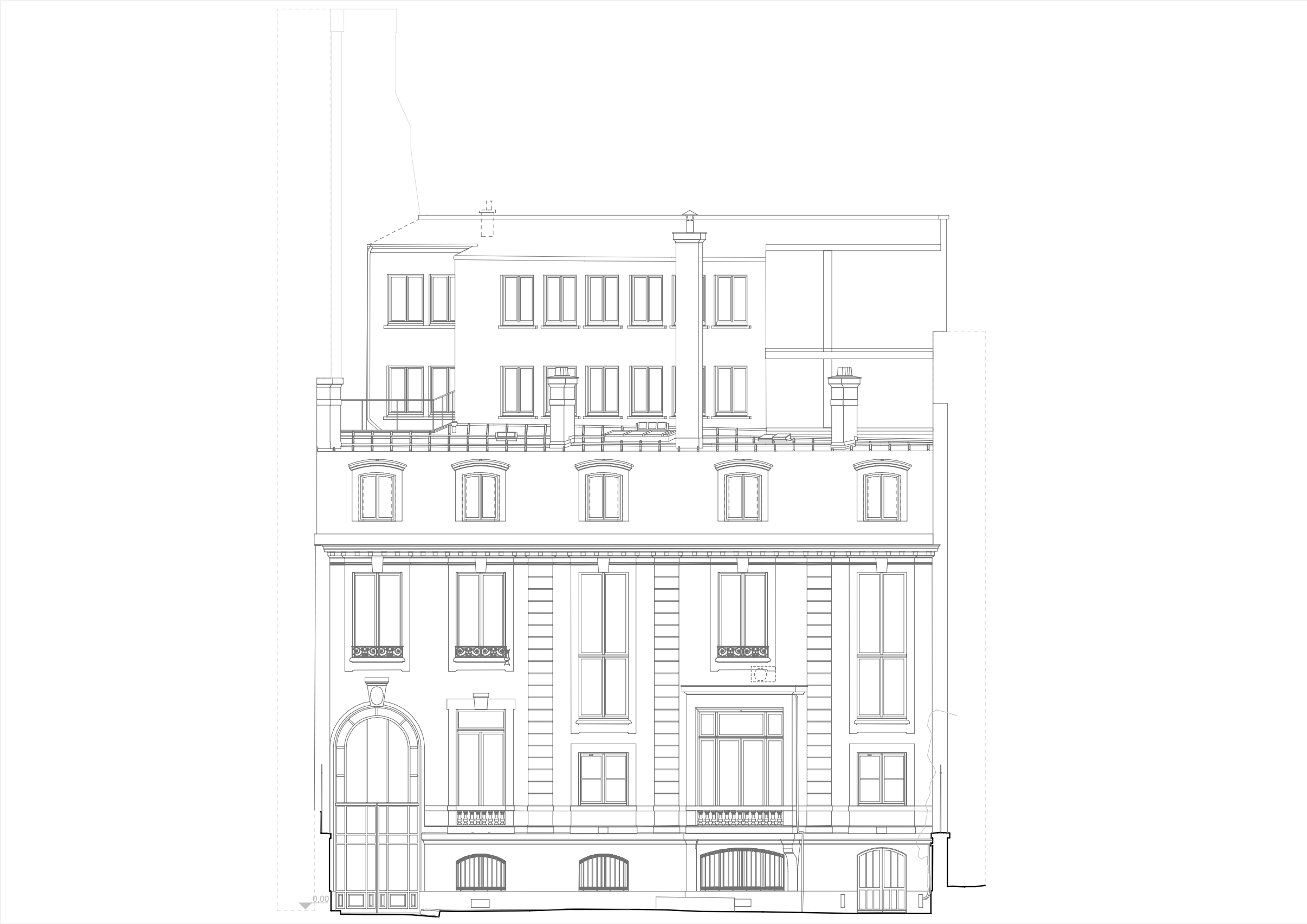 Filaire de la facade (rue) du siège de Hechter à Paris réalisé par Atelier Sauvegarde